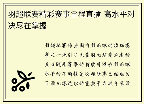 羽超联赛精彩赛事全程直播 高水平对决尽在掌握